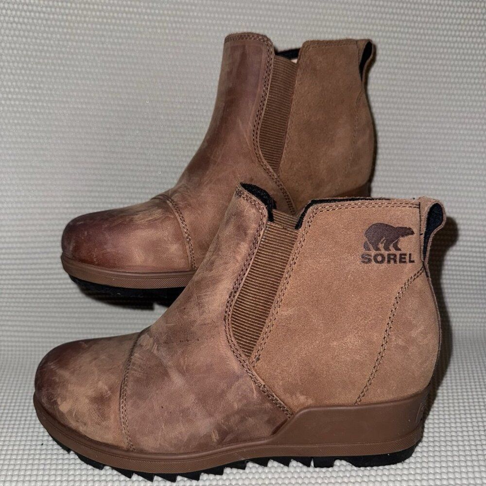 SOREL Evie Cognac Brown Leather Fashion Wedge Ankle Boots Booties Womens Size 6